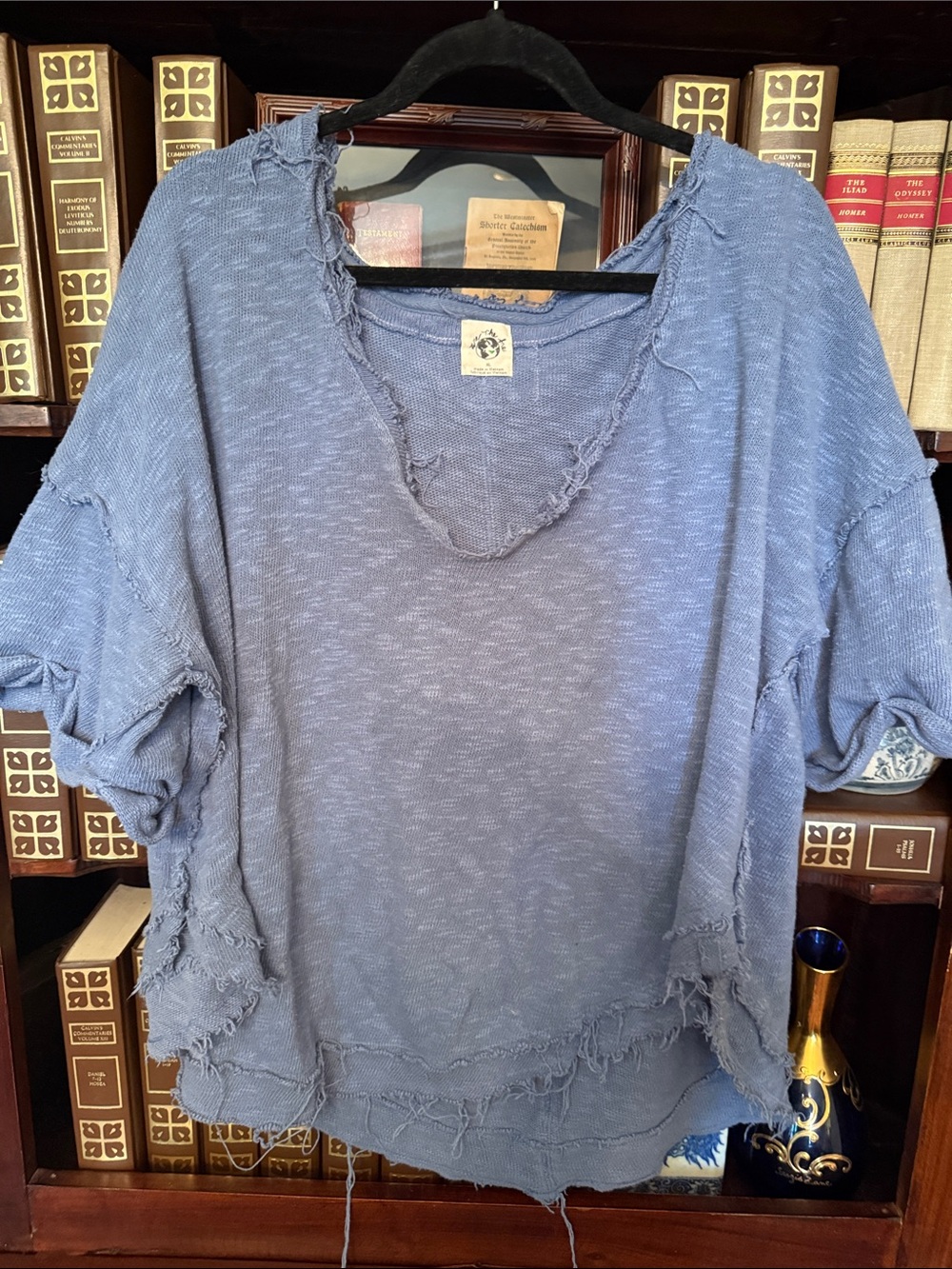 We The Free Washed Blue Distressed Pullover Sweatshirt